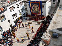 
The Tiji Festival in Lo Manthang is about a deity named Dorje Jono who battles his demon father to save the Kingdom of Mustang from destruction. The demon father wreaked havoc on Mustang by bringing a shortage of water and causing many resulting disasters from famine to animal loss. Dorje Jono and his retinue perform a series of 52 magical dances to repel the resident evil. Dorje Jono eventually beats the demon and banishes him from the land. The festival takes place in the main town square in Lo Manthang.
